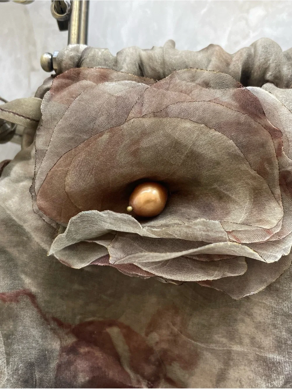 Handmade Vintage-Inspired Olive Floral Drawstring Handbag